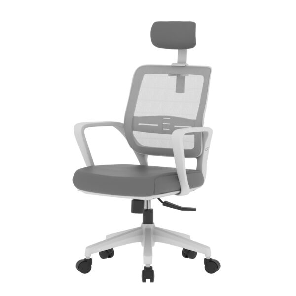 SitEase WHITE frame, Grey fabric-seat, Grey Meshback Midback chair, tilt/swivel WITH HEADREST - Image 4