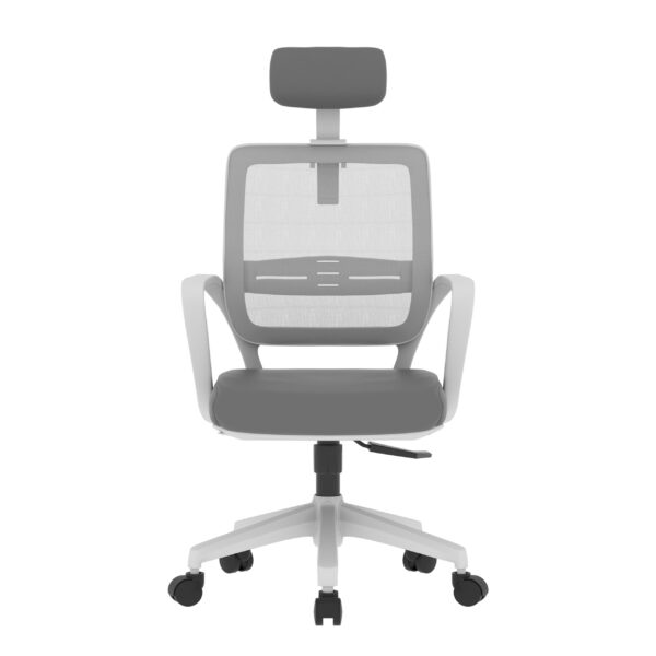 SitEase WHITE frame, Grey fabric-seat, Grey Meshback Midback chair, tilt/swivel WITH HEADREST - Image 3