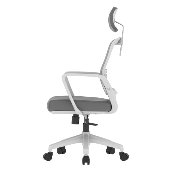 SitEase WHITE frame, Grey fabric-seat, Grey Meshback Midback chair, tilt/swivel WITH HEADREST - Image 2