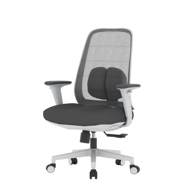 PosturePro White frame, Dark grey fabric seat, Black-grey mesh back, High-back chair, syncro, seat slider - Image 2