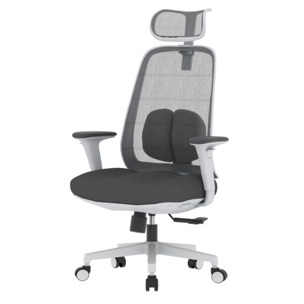PosturePro WHITE Frame, Dark Grey Fabric Seat, Black-Grey Mesh Back, High-Back Chair, Syncro, Seat Slider WITH HEADREST - Image 2