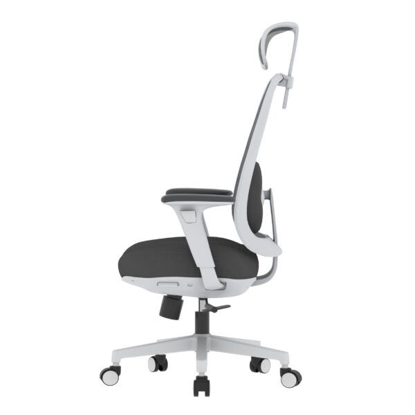 PosturePro WHITE Frame, Dark Grey Fabric Seat, Black-Grey Mesh Back, High-Back Chair, Syncro, Seat Slider WITH HEADREST - Image 3