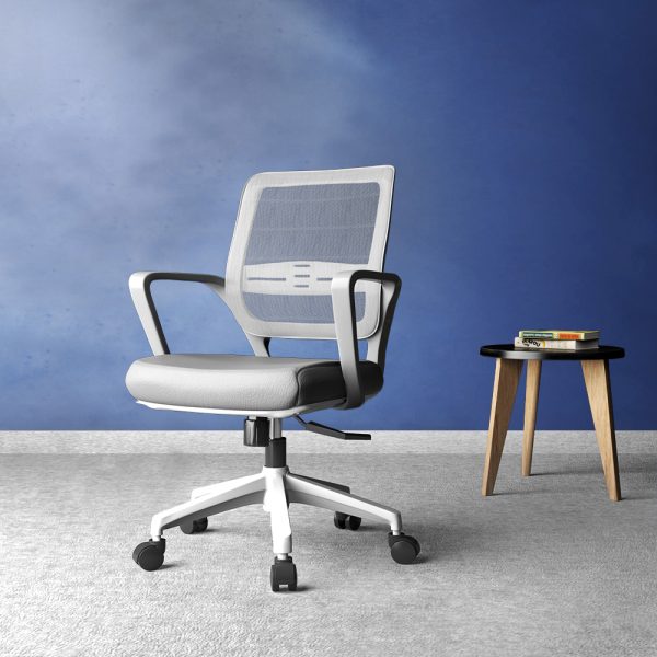 SitEase White Frame, Black seat, Grey Mesh-back Midback chair, Tilt/Swivel