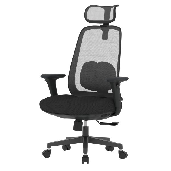 PosturePro Black frame, Dark Grey Fabric Seat, Black-Grey Mesh Back, High-back chair, Syncro, Seat Slider WITH HEADREST - Image 2